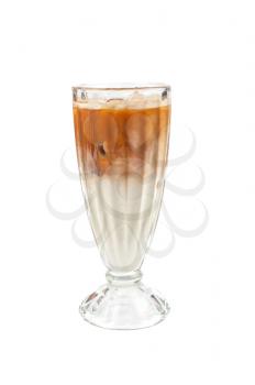 Iced latte coffee in glass on a white