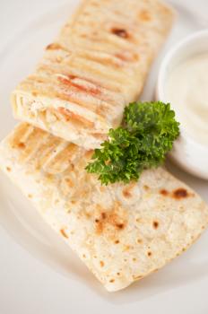 tortilla with chicken breast tomato and cheese served with sour cream