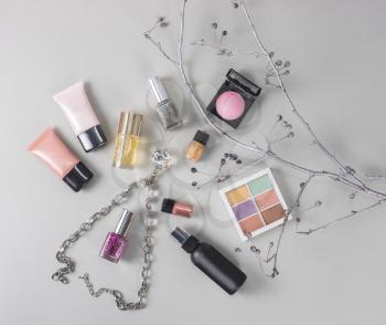 cosmetics set for make-up on bright background