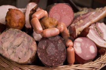 Variety of sausage products. close-up