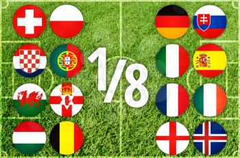 Round of 16 euro teams icon flags on green grass background