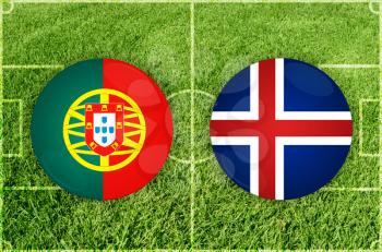 Portugal vs Iceland icons at football field background