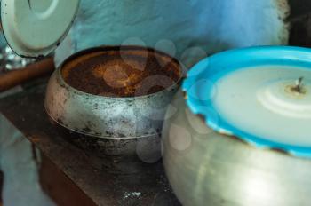 Cooking meals in a Russian stove, millet porridge