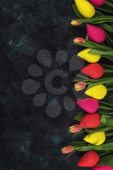 Handmade and real tulips on darken concrete background for Mother's Day, spring time or Easter theme.
