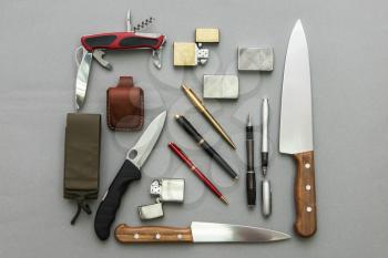 Male gifts on a gray background, flat lay