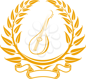 Royalty Free Clipart Image of a Mandolin in a Laurel Wreath