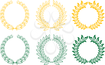 Royalty Free Clipart Image of a Set of Gold and Green Laurel Wreaths