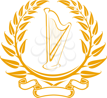 Royalty Free Clipart Image of a Harp in a Laurel Wreath