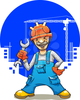 Royalty Free Clipart Image of a Man at a Construction Site Holding a Wrench