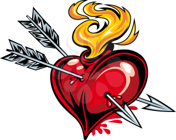 Cartoon red heart with two arrows for tattoo design