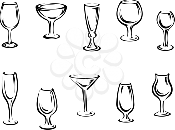 Alcohol and drink glasses set isolated on white background