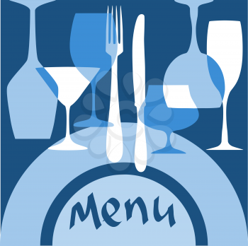 Restaurant menu cover with dishware in blue colors for design