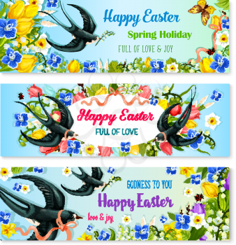 Easter holiday spring flower and bird banner set. Easter floral greeting card with flowers of tulip, lily, narcissus, forget-me-not arranged into an oval frame with flying swallow birds and ribbon
