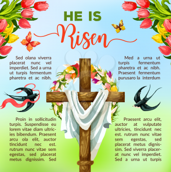 Easter cross with spring flowers festive poster template. Religious cross with floral wreath of Easter egg and tulip flower with flying swallow birds and butterflies, supplemented by text layouts