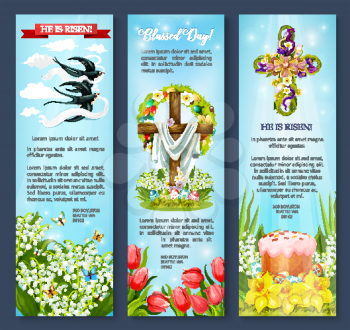 Easter Day greetings banner template set. Easter egg, cross, cake and bird cartoon flyer with flowers of tulip, lily and narcissus, floral wreath and swallow birds with He Is Risen ribbon banner