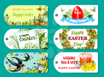 Easter greeting tag and label set. Easter egg, cake and floral wreath, lily, tulip and narcissus flowers, swallow bird and butterfly, ribbon banner and paper greeting card with wishes of Happy Easter