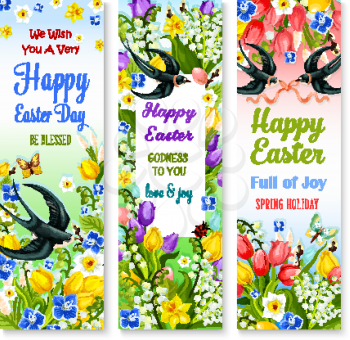 Happy Easter holidays floral banner set. Easter egg with spring flower of lily, tulip, narcissus and forget-me-not, willow tree twig and swallow bird with ribbon bow. Easter greeting card design