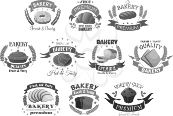 Bakery icons set of bread and dessert cakes or sweets. Wheat bagel buns and loafs or rye bread toasts, chocolate muffin and donut or cupcake pastry, croissant and baguette bannocks. Vector isolated te