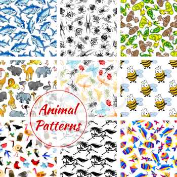 Animal, bird, fish and insect seamless patterns. Lion and horse, owl, butterfly and snake, tuna and bee, eagle and spider, giraffe and ostrich, dragonfly and penguin, rhino, hippo, dove and camel