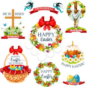 Easter cartoon icon and label set. Easter egg, cake, egg hunt basket and crucifix cross, decorated by floral wreath and flower bunch with lily, tulip and narcissus, swallow bird and ribbon banner
