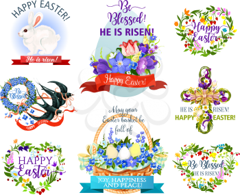 Easter holiday symbol cartoon icon. Easter egg with flowers, rabbit bunny, egg hunt basket and cross, floral heart and wreath with spring flowers, ribbon banner and swallow bird. Easter themes design