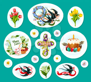 Easter egg sticker and label set. Easter egg with cake, rabbit bunny with egg hunt basket, floral cross, spring flower wreath and bunch of tulip, lily and narcissus, swallow bird with ribbon banner