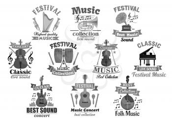 Music instrument symbol set. Guitar, piano, drum, trumpet, harp, violin, horn and maracas with musical notes and treble clef, ribbon banner and star. Classic and jazz music concert, festival design