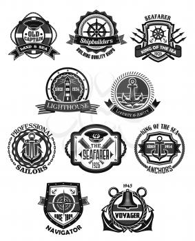 Nautical emblem and marine heraldic badge set. Sea anchor, helm, compass rose, lighthouse, ship bell, captain cap, spyglass with rope, chain, lifebuoy, shield and ribbon banner. Navy heraldry design