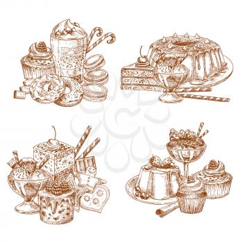 Desserts and cakes sketch of cupcakes and tortes, muffins and puddings, pies and biscuit cookies. Vector chocolate brownie and cheesecake or gingerbread design for bakery shop or patisserie