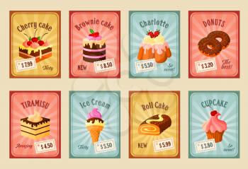 Bakery desserts price cards vector icons set. Patisserie pastry of brownie and cherry cake, charlotte pudding and chocolate donuts, tiramisu torte, ice cream and roll cake or cupcake muffin for cafete