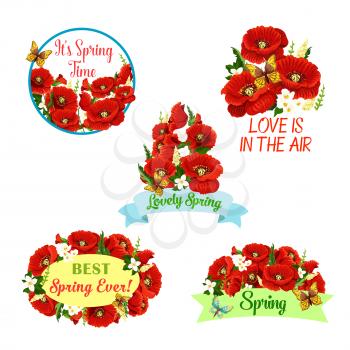 Spring flowers wreath and floral bunches for vector greeting design. Blooming red poppy flowers, daisy or orchid blossom buds and bouquets of flourish crocuses and ribbons for springtime holidays
