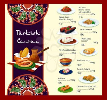 Turkish restaurant vector menu template. Cover design with traditional Turkey cuisine meat dishes, vegetable salads and soups or appetizer snacks and desserts or food meal lunch offer