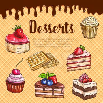 Desserts, bakery and pastry on waffle. Vector cakes and cupcakes, biscuits of cheesecake, tiramisu and brownie torte, wafer charlotte pies with cherry berry topping for patisserie menu design