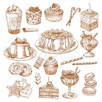 Pastry cakes and desserts vector sketch icons. Biscuits and cupcakes, chocolate muffins and tortes. Homemade cheesecake, tiramisu and brownie pie, charlotte pudding, ice cream and gingerbread cookie