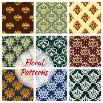 Floral seamless pattern background set. Damask floral ornament of victorian flourishes with ornate flower and leaf arabesque motif. Vintage interior embellishment, wallpaper and textile design