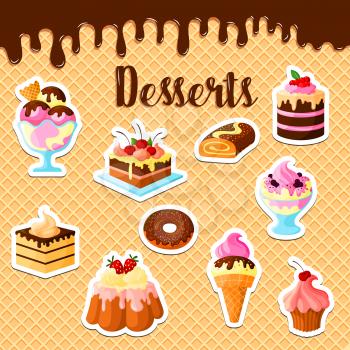 Pastry cakes and desserts on vector waffle poster. Cupcakes and tortes of tiramisu, brownie and charlotte pudding, chocolate brownie muffins and ice cream with fruit and berry for patisserie or bakery