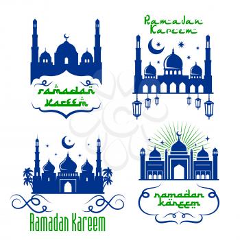 Ramadan Kareem icons design of mosque and lanterns, crescent moon and twinkling stars in blue sky. Vector greeting calligraphy text and Arabic ornaments for Muslim religious holiday celebration design