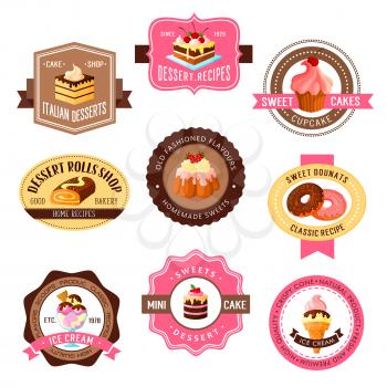 Desserts vector icons for bakery shop and pastry. Isolated set of chocolate cakes and sweets, donuts and roll pies, tiramisu or brownie tortes and ice cream, wafers, cupcakes and puddings for cafe or 