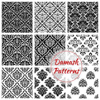Damask seamless pattern background. Black and white floral ornament set of baroque flower, decorated by victorian flourishes and leaf scroll. Vintage pattern for wallpaper or textile design