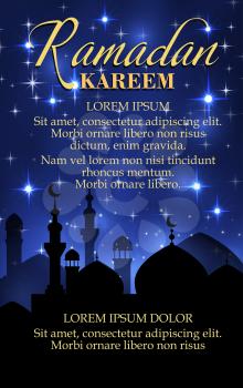Ramadan Kareem poster for islam religion holy month. Mosque and minaret topped with crescent moon poster, decorated by lantern with night sky and stars