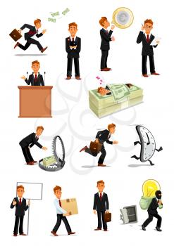 Businessman cartoon character set. Manager with money, euro currency bubble, sign board, briefcase, reading, making speech, stealing idea, carrying box, sleeping. Business people activity theme design