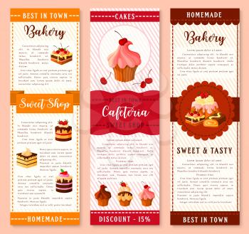 Cake, bakery and pastry dessert banner template. Cake and cupcake with cream, chocolate and fruit, muffin, berry pie, pudding, brownie, swiss roll cartoon symbol with ribbon for dessert menu design