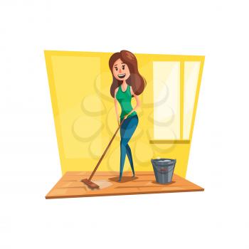 Woman cleaning floor cartoon icon. Young housewife character washing wooden floor with mop and bucket in the living room. Housework, house cleaning, household chores concept design