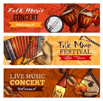 Live music concert or folk festival vector banner set for musical sound fest. Design of banjo guitar and harmonica, drums or percussion and violin or fiddle, flute and clef note