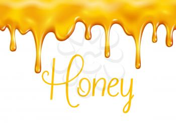 Honey splash dripping sweet drops from bee honeycomb poster for beekeeping honey honey shop or bakery. Vector design of dropping honey syrup for desserts or cafeteria and patisserie cakes and cookies