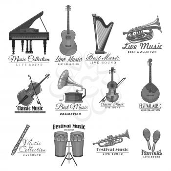 Music concert or live festival icons set of musical instruments. Vector labels of piano, guitar or harp and jazz saxophone or violin fiddle, folk music jembe drums and flute or maracas and gramophone