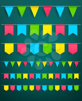 Flag garlands set of bunting paper flags on thread for carnival or festival celebration, Christmas party and happy birthday decor. Vector isolated square and triangle flags for design template