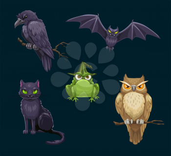 Halloween black cat of witch, bat and owl, scary horror crow, frog and raven cartoon characters. Scary night animals and birds, october holidays themes design