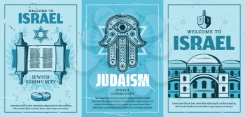 Travel to Israel posters with Judaism religion symbols. Star of David and holy torah scroll, Fatimas hand amulet, synagogue and architecture building. Vector retro brochures for Jewish community