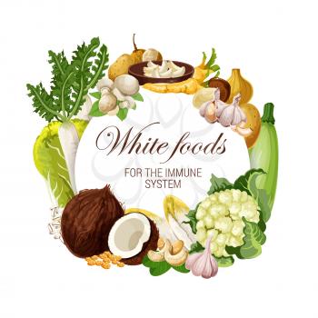White food nutrition, color diet healthy fruits, nuts and vegetable salads. Vector natural organic diet, white food vitamins in mushroom, coconut or cauliflower and cashew for immune system health